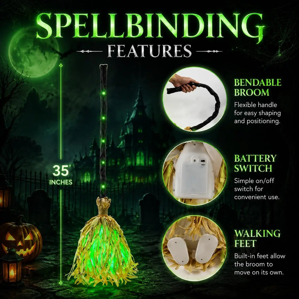 🎃 35" Animated Witches Broom — Friendly Halloween Decor with Lights &Sound