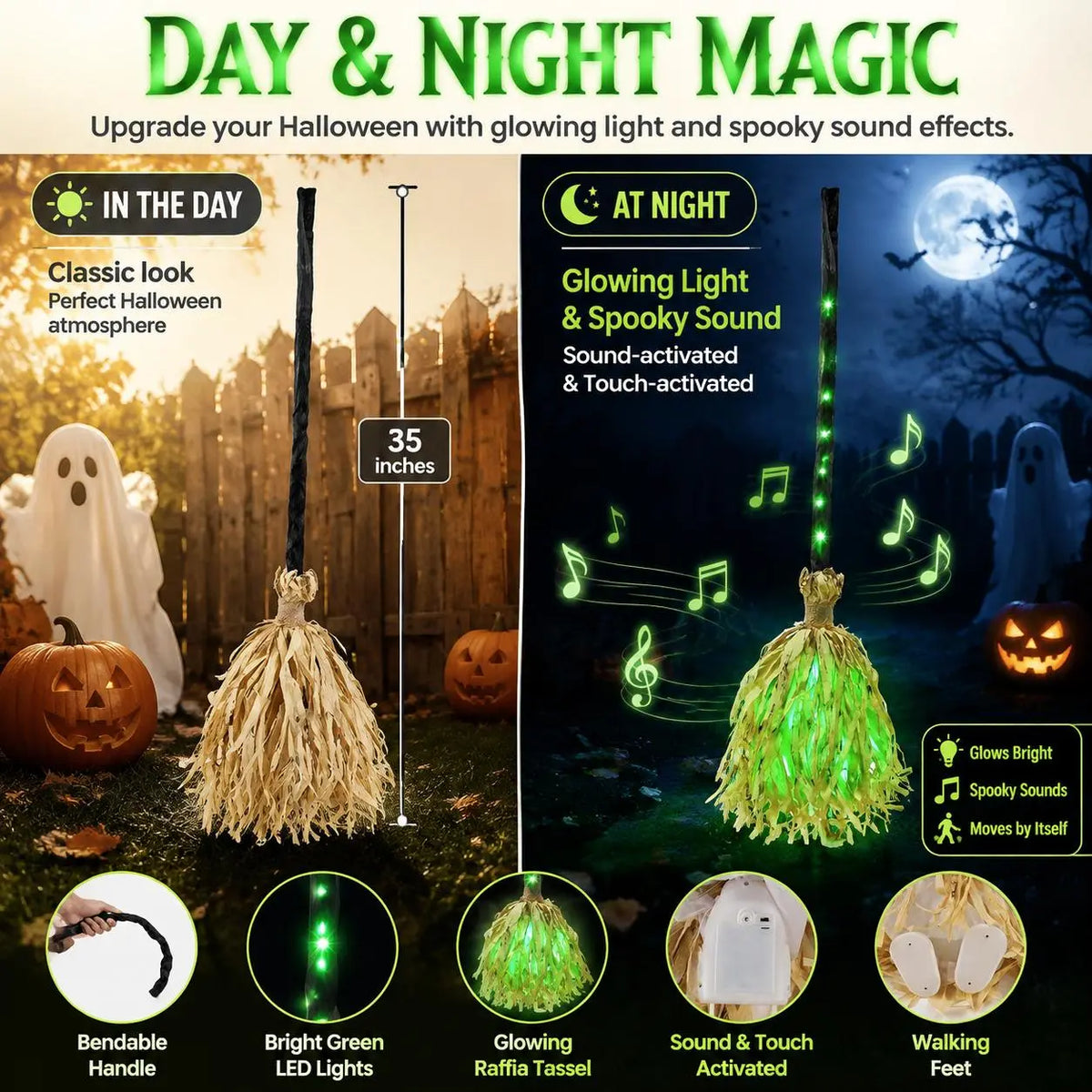 🎃 35" Animated Witches Broom — Friendly Halloween Decor with Lights &Sound