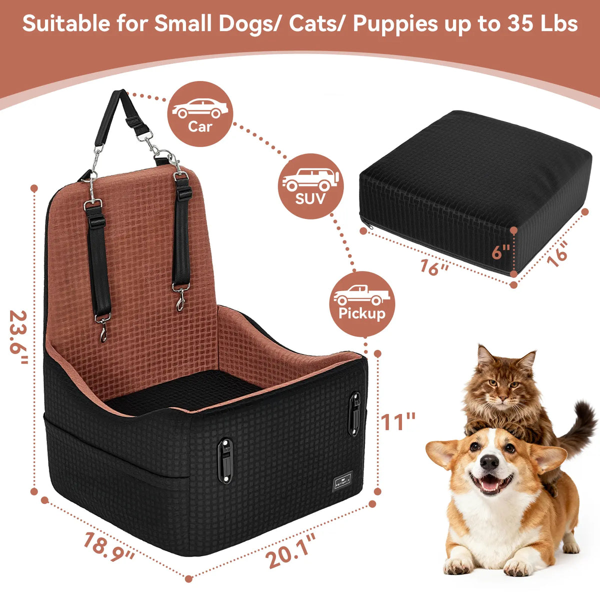 🐕   Dog Car Seat – 5"&6"Memory Foam Booster for Small &Medium Dogs