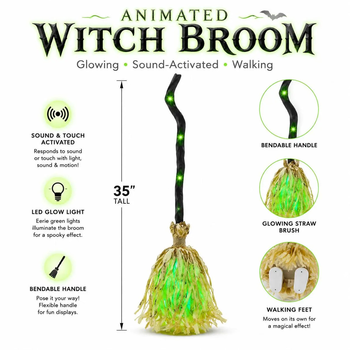 🎃 35" Animated Witches Broom — Friendly Halloween Decor with Lights &Sound