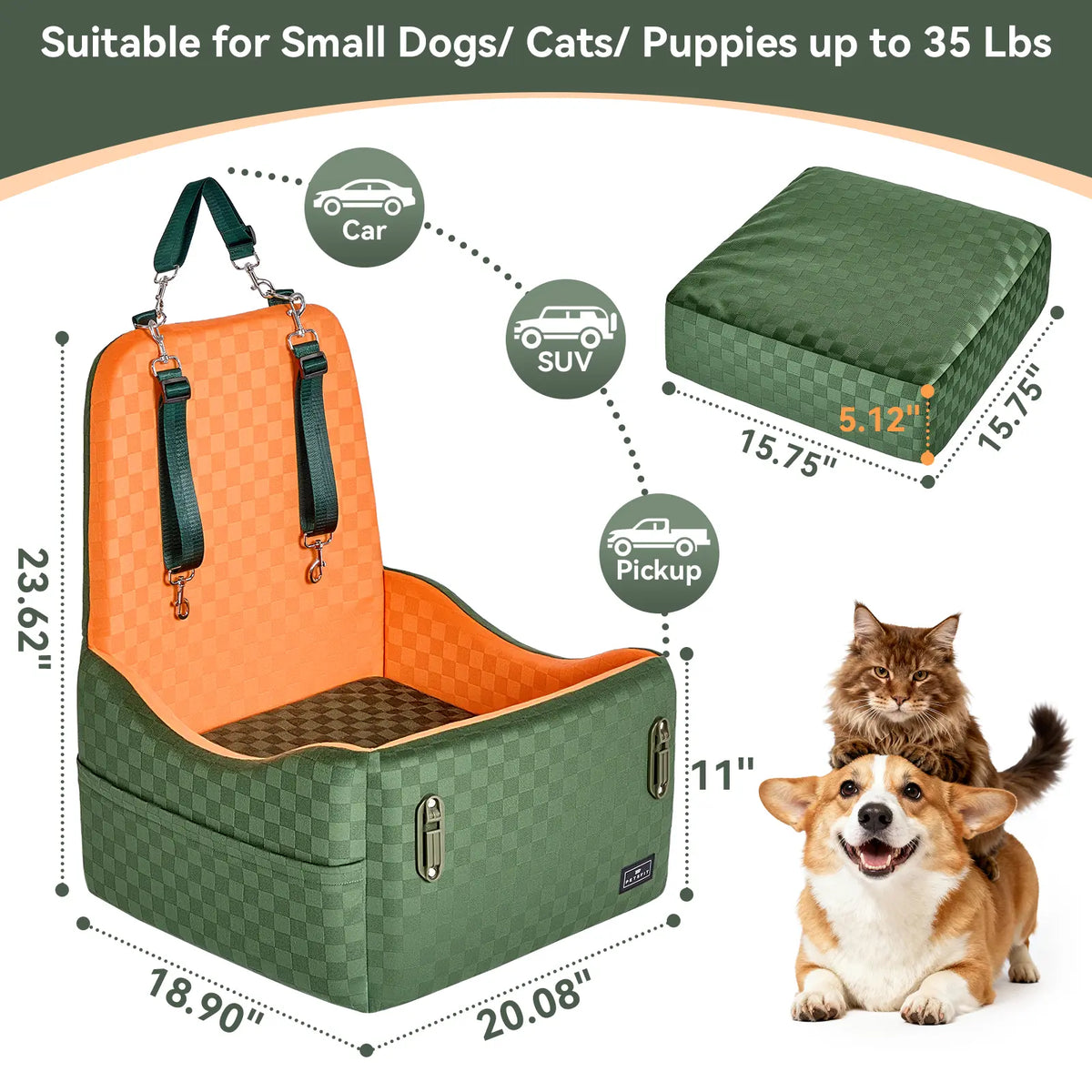 🐕   Dog Car Seat – 5"&6"Memory Foam Booster for Small &Medium Dogs