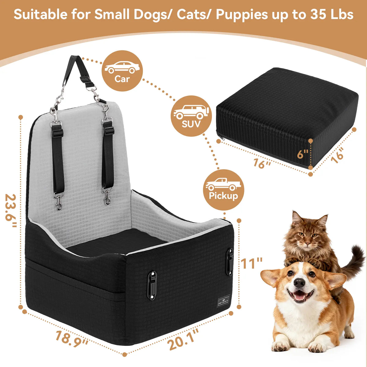 🐕   Dog Car Seat – 5"&6"Memory Foam Booster for Small &Medium Dogs