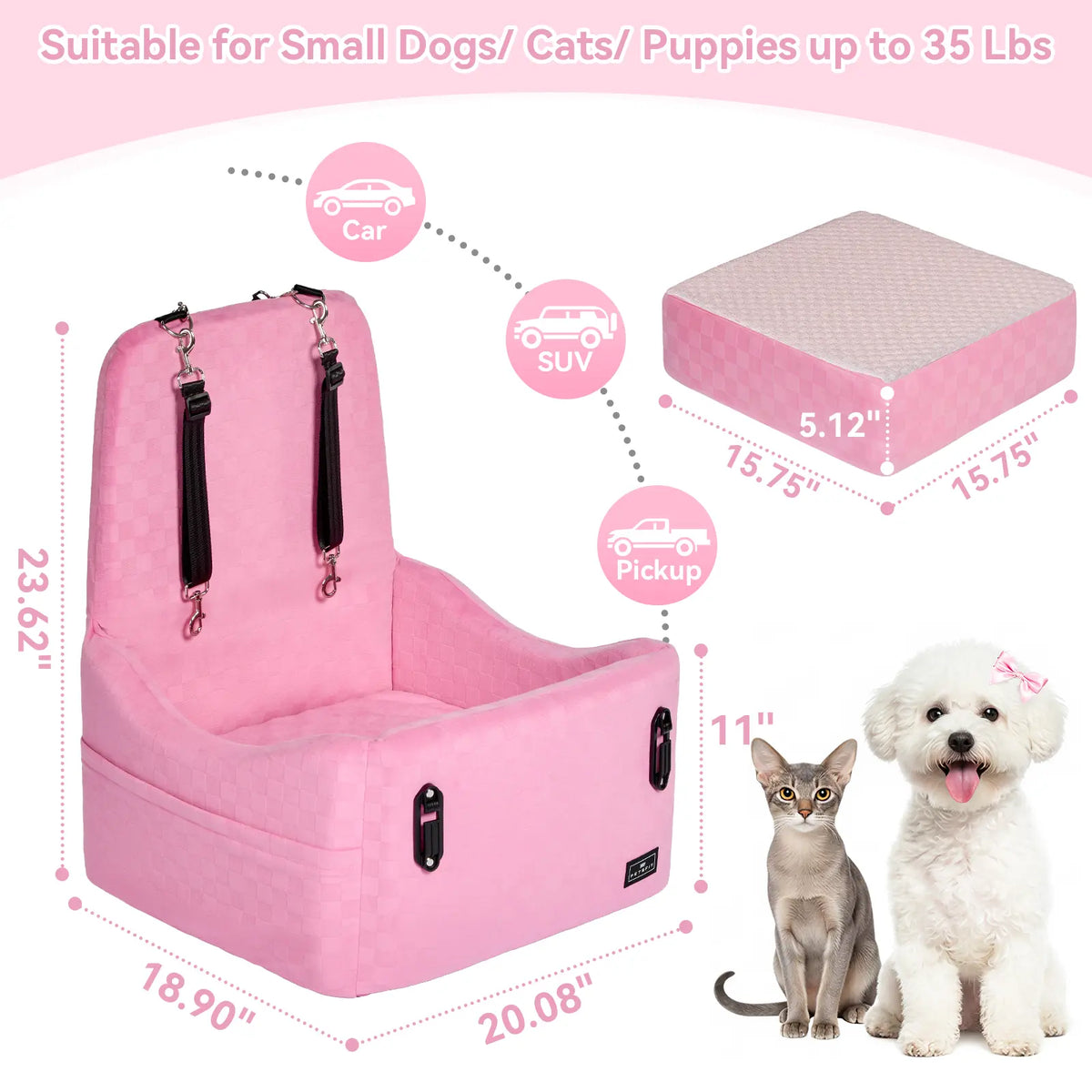 🐕   Dog Car Seat – 5"&6"Memory Foam Booster for Small &Medium Dogs
